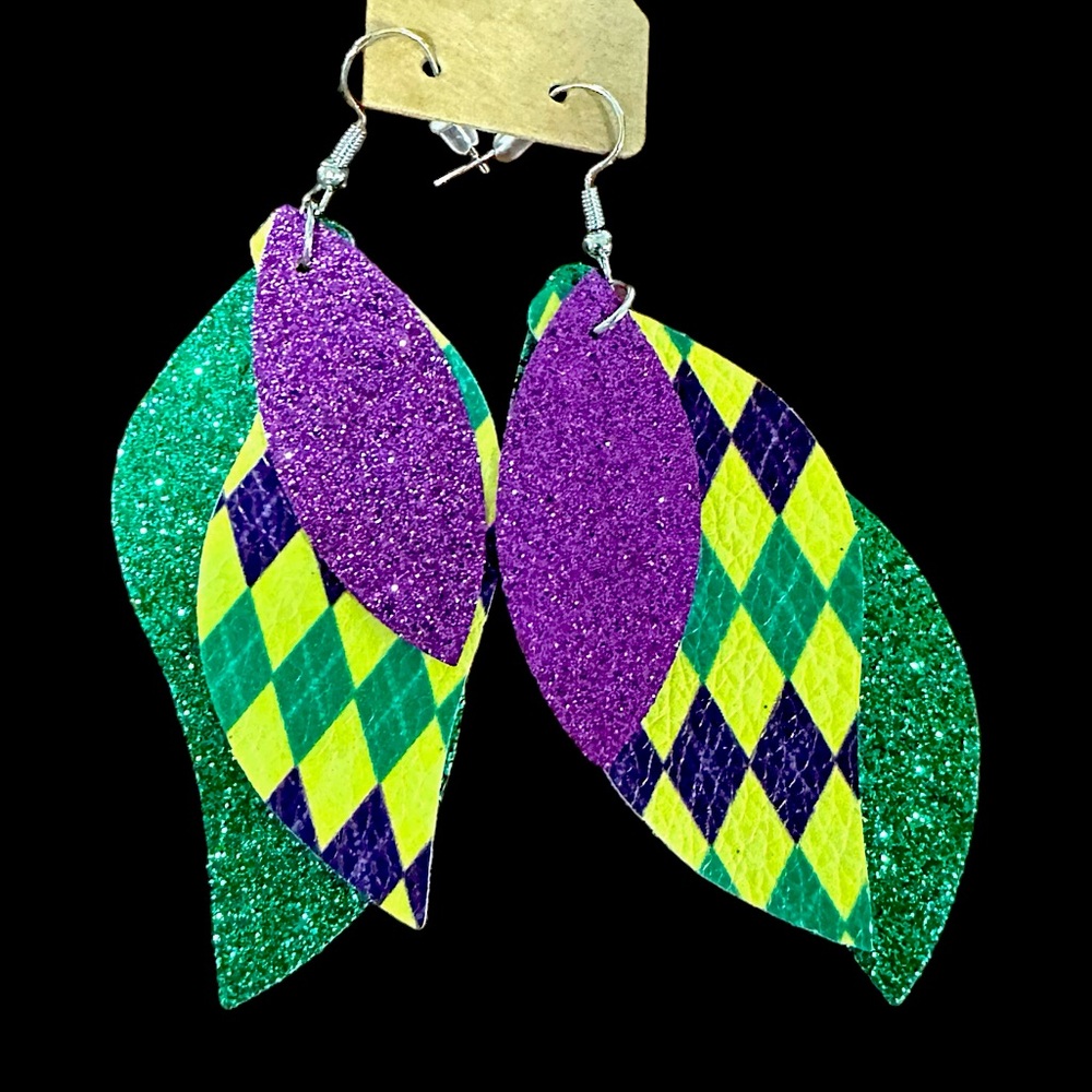 Mardi Gras 3” dangling pierced earrings faux leather glitter fashion jewelry New